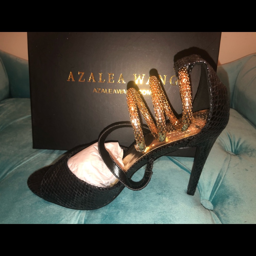 Black and Gold Snake Azalea Wang Heels New
